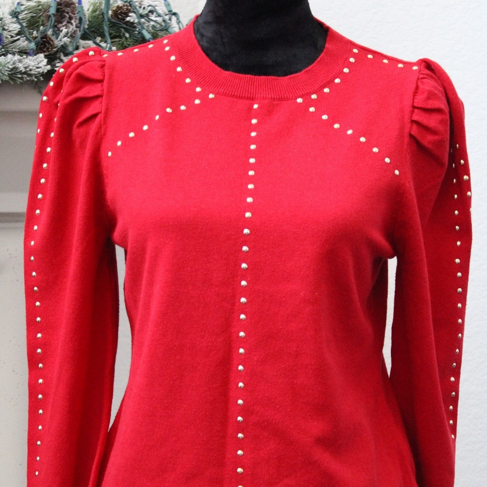 Belldini Red Puff Sleeve Blouse with Beaded Design Winter/Workwear